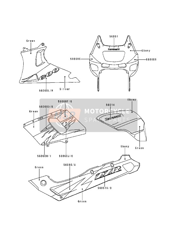 Kawasaki ZZ-R600 1994 Stickers(Zwart-Groen) voor een 1994 Kawasaki ZZ-R600
