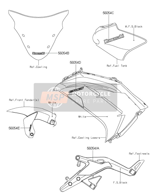 Kawasaki ER-6F ABS 2015 Decals (P.F.S. White) for a 2015 Kawasaki ER-6F ABS