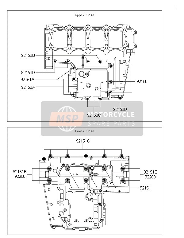 Kawasaki Z800 2015 Schema dei bulloni del carter per un 2015 Kawasaki Z800