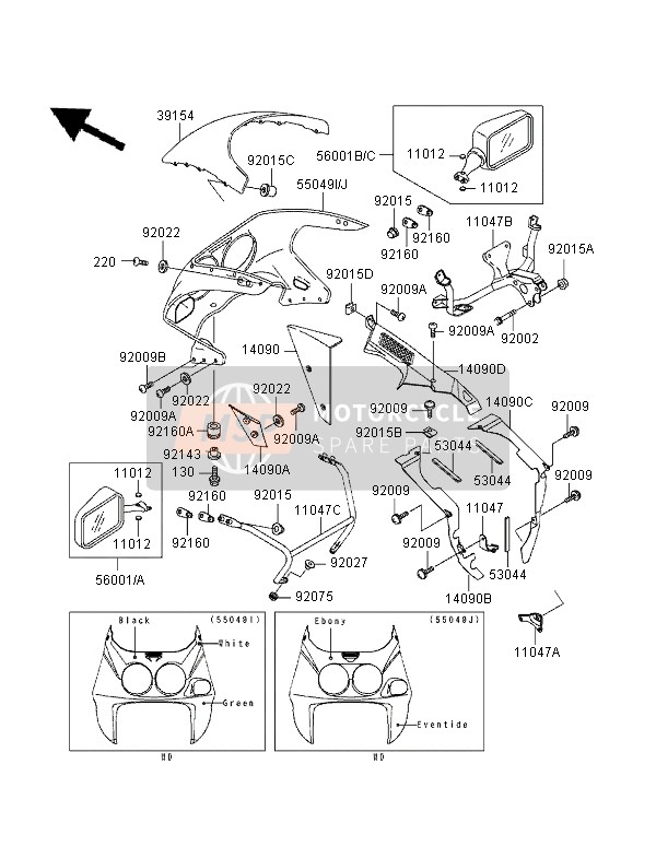 550495332TV, Cowling., Upp, Ebony/ev, Kawasaki, 0