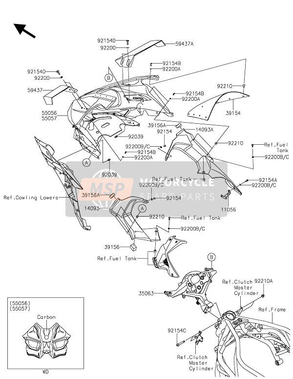 55057516453F, COWLLNG-ASSY,Upp,R.Carbon, Kawasaki, 0