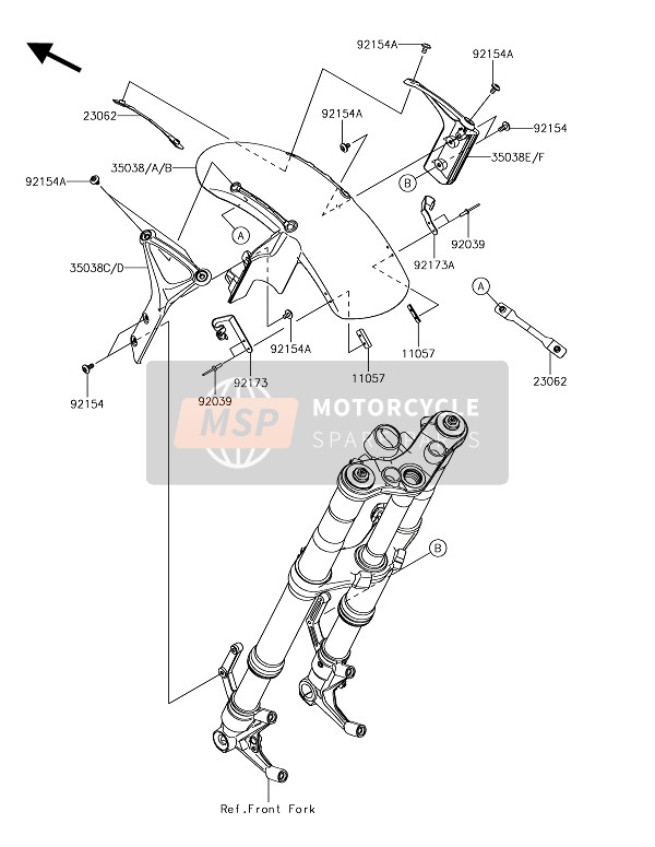 35038000460N, FENDER-FRONT, Arm, Rh, B.B.S, Kawasaki, 3