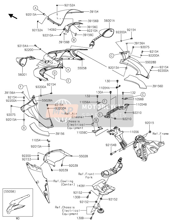 55058546365L, Cowling,Upp,M.D.BLACK+GRN, Kawasaki, 0