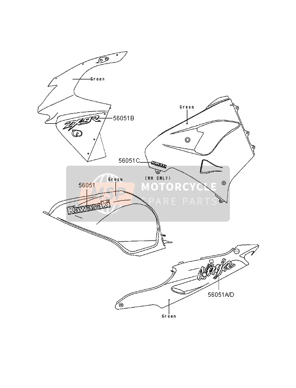 Kawasaki NINJA ZX-9R 1998 Decals (Green) for a 1998 Kawasaki NINJA ZX-9R