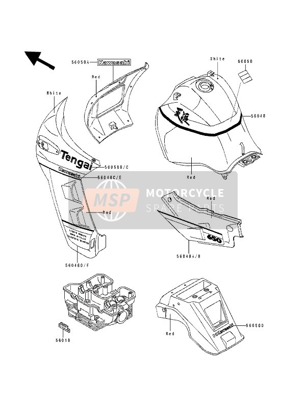 Kawasaki TENGAI 1989 Decal (White & Red) for a 1989 Kawasaki TENGAI