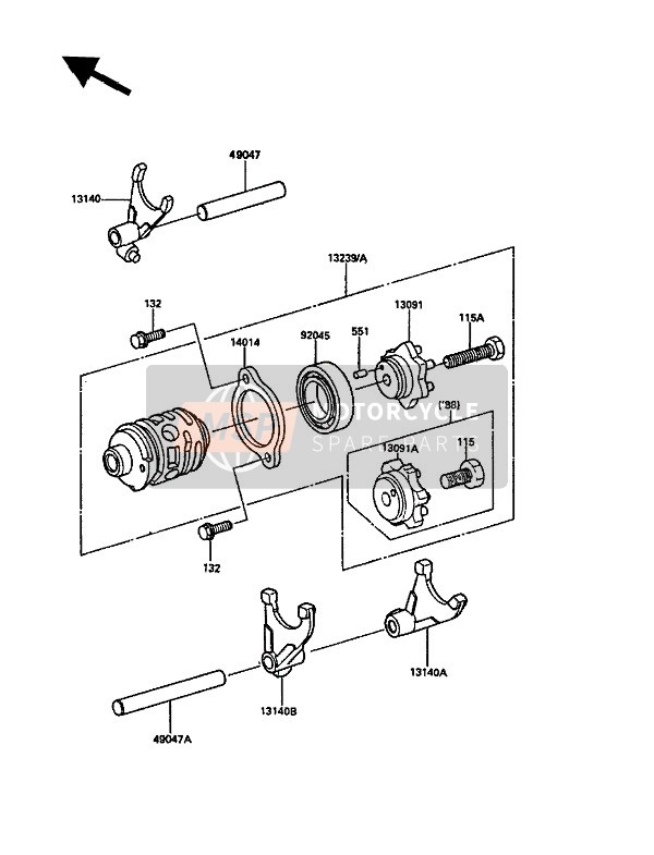 Kawasaki KDX200 1988 Gear Change Drum & Shift Fork(S) for a 1988 Kawasaki KDX200