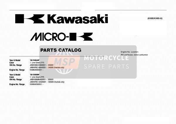 Kawasaki KX85 SW & LW 2008 Modelidentificatie voor een 2008 Kawasaki KX85 SW & LW