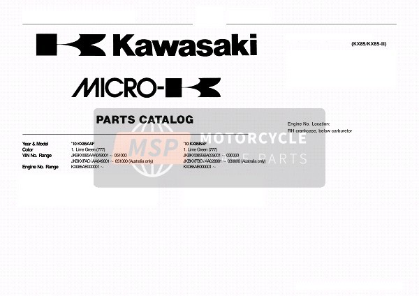 Kawasaki KX85 SW & LW 2010 Identificazione del modello per un 2010 Kawasaki KX85 SW & LW
