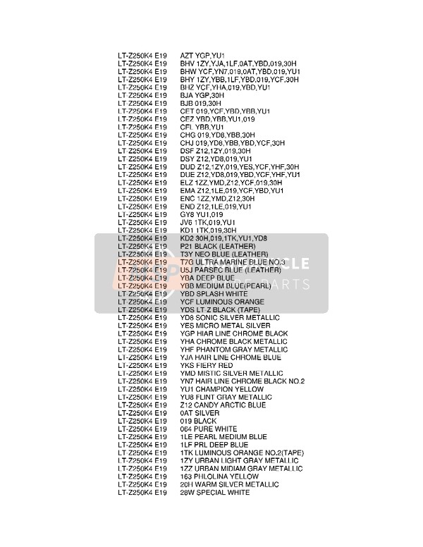 Suzuki LT-Z250 QUADSPORT 2008 Carta de colores 2 para un 2008 Suzuki LT-Z250 QUADSPORT