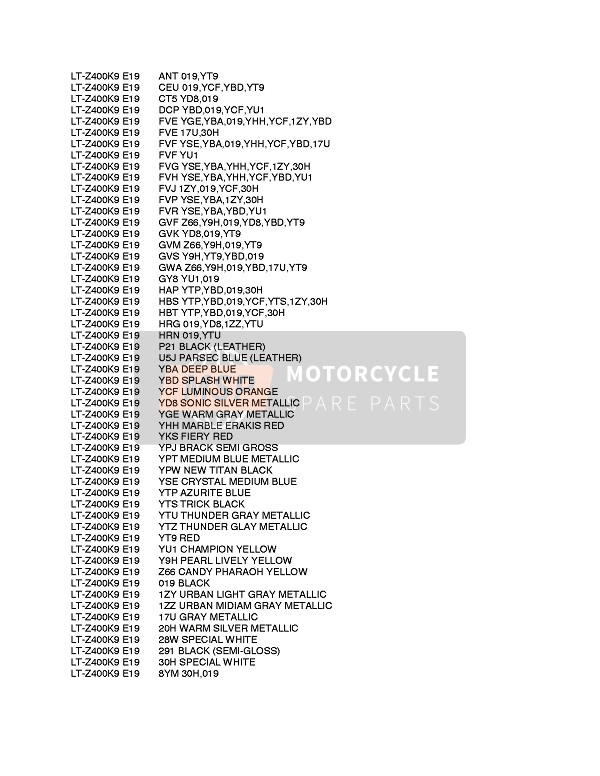 Suzuki LT-Z400(Z) QUADSPORT 2009 Colour Chart for a 2009 Suzuki LT-Z400(Z) QUADSPORT