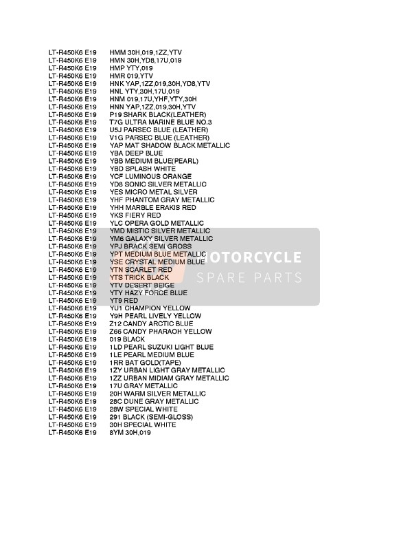 Suzuki LT-R450(Z) QUADRACER 2009 FARBTABELLE 2 für ein 2009 Suzuki LT-R450(Z) QUADRACER