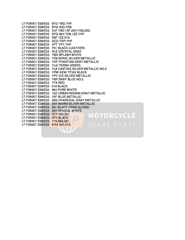 Suzuki LT-F250 OZARK 2009 Colour Chart for a 2009 Suzuki LT-F250 OZARK