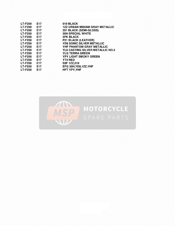 Suzuki LT-F250 OZARK 2014 Colour Chart for a 2014 Suzuki LT-F250 OZARK