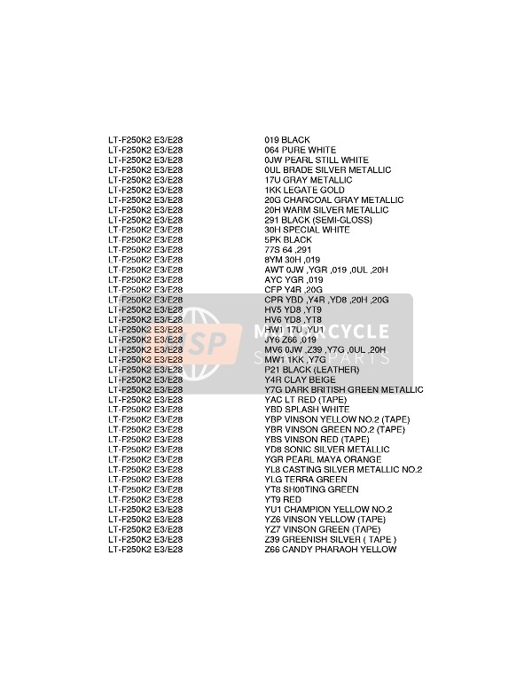 Suzuki LT-F250 OZARK 2003 Colour Chart for a 2003 Suzuki LT-F250 OZARK