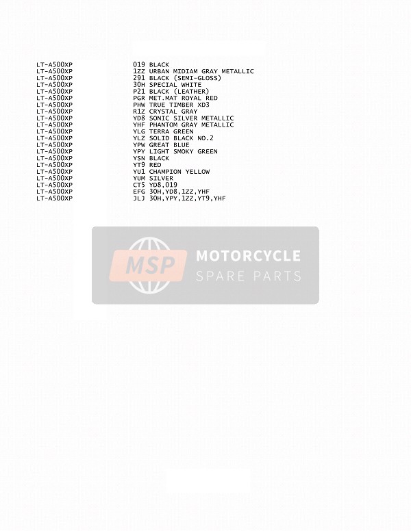 Suzuki LT-A500XP(Z) KINGQUAD AXi 4x4 2013 Colour Chart for a 2013 Suzuki LT-A500XP(Z) KINGQUAD AXi 4x4