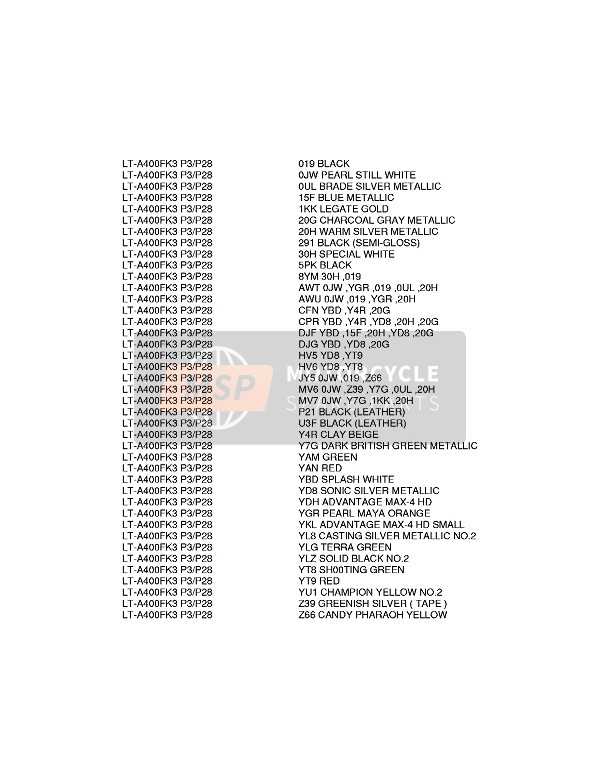 Suzuki LT-A400F EIGER 4X4 2005 Colour Chart for a 2005 Suzuki LT-A400F EIGER 4X4