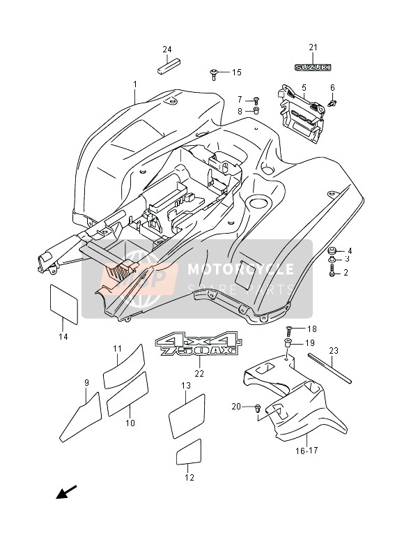 Suzuki LT-A750X(Z) KINGQUAD AXi 4X4 2013 Achterspatbord (LT-A750X P17) voor een 2013 Suzuki LT-A750X(Z) KINGQUAD AXi 4X4