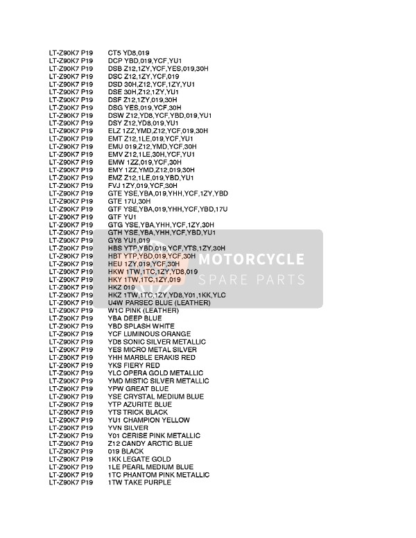 Suzuki LT-Z90 4T QUADSPORT 2007 Colour Chart 2 for a 2007 Suzuki LT-Z90 4T QUADSPORT