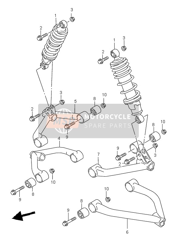 Suzuki LT-F250 QUADRUNNER 2000 Suspensión de brazo (1) para un 2000 Suzuki LT-F250 QUADRUNNER