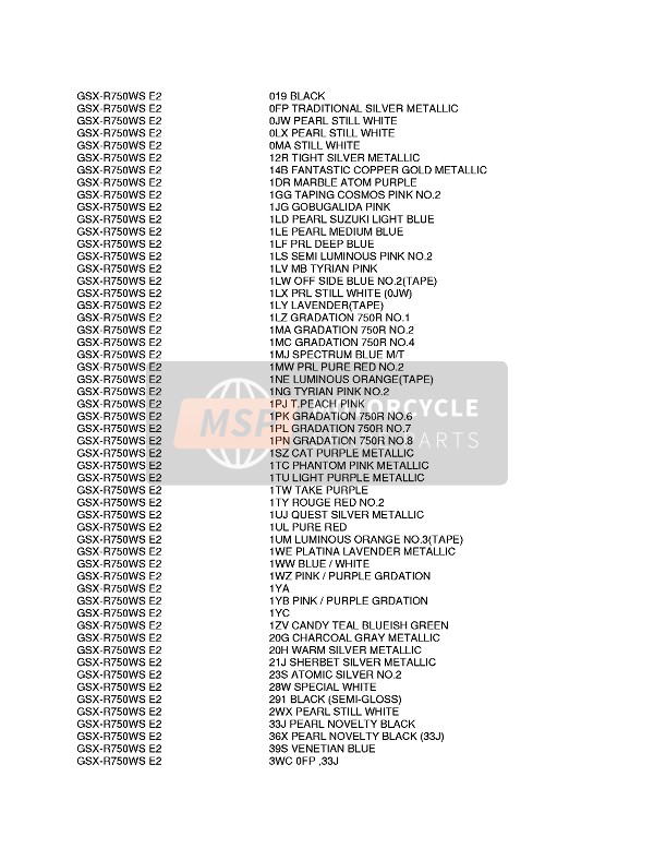 Suzuki GSX-R750W 1992 Colour Chart 2 for a 1992 Suzuki GSX-R750W