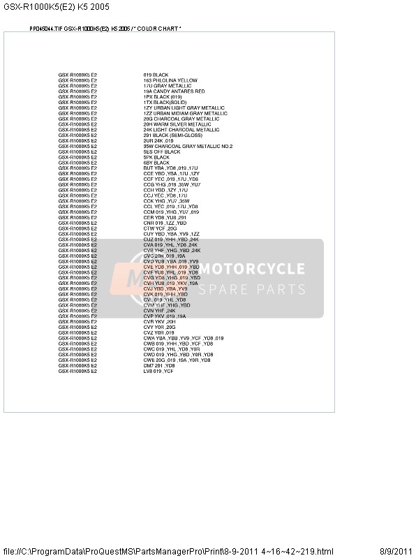 Suzuki GSX-R1000 2005 Colour Chart 1 for a 2005 Suzuki GSX-R1000