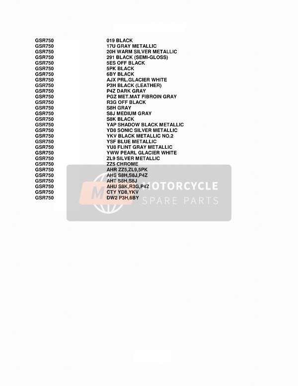 Suzuki GSR750(A) 2013 Colour Chart for a 2013 Suzuki GSR750(A)