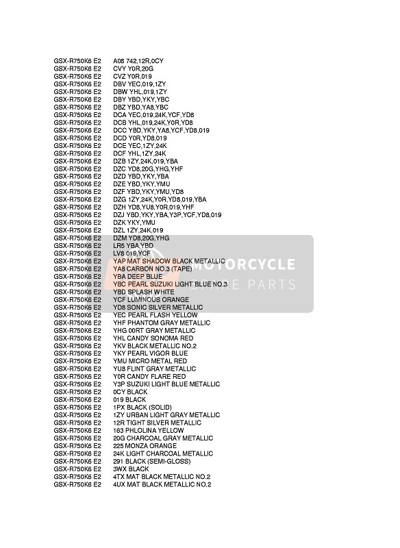 Suzuki GSX-R750 2006 Colour Chart 1 for a 2006 Suzuki GSX-R750