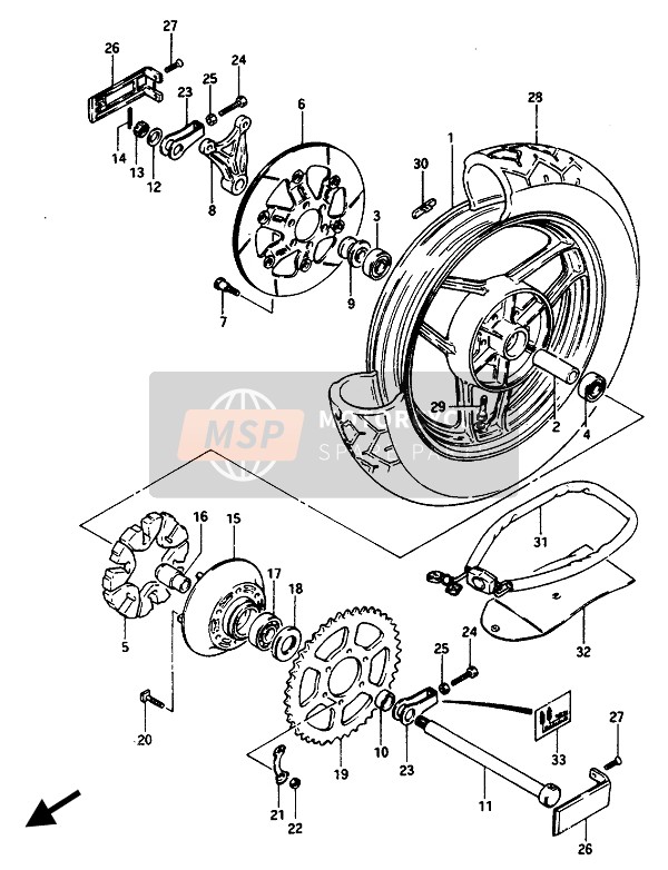 Suzuki GSX1100E(S)(EF)-GSX1150EF 1986 Achterwiel voor een 1986 Suzuki GSX1100E(S)(EF)-GSX1150EF