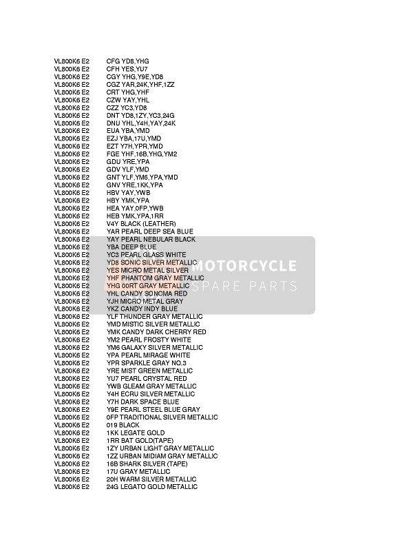 Suzuki VL800(C) VOLUSIA 2006 Colour Chart 2 for a 2006 Suzuki VL800(C) VOLUSIA