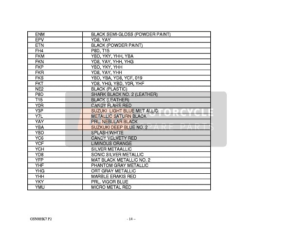 Suzuki GS500(E)(F) 2007 Colour Chart 1 for a 2007 Suzuki GS500(E)(F)