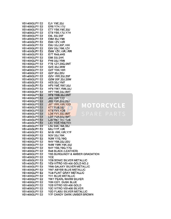 Suzuki VS1400 INTRUDER 2001 Colour Chart 1 for a 2001 Suzuki VS1400 INTRUDER