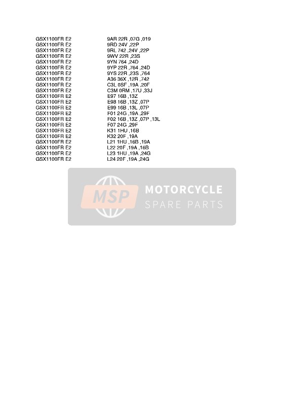 Suzuki GSX1100F 1991 Colour Chart 2 for a 1991 Suzuki GSX1100F