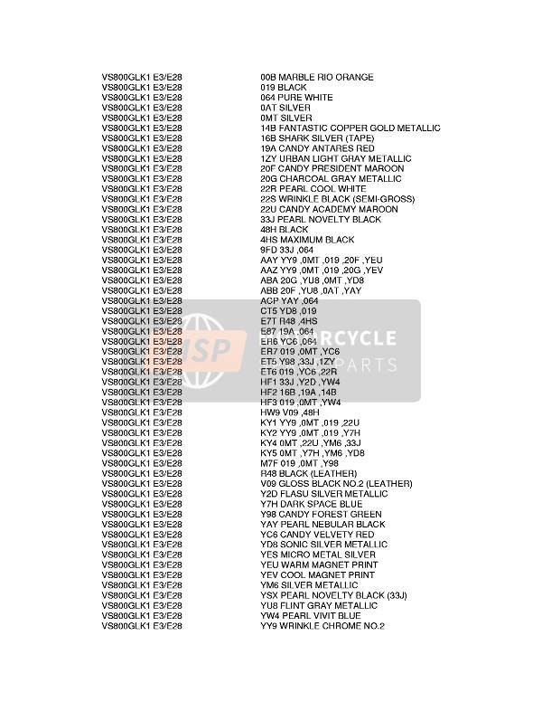 Suzuki VS800 INTRUDER 2002 Colour Chart for a 2002 Suzuki VS800 INTRUDER