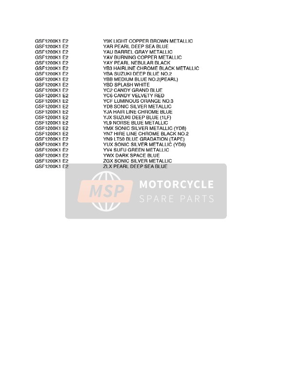 Suzuki GSF1200(N)(S) BANDIT 2002 Colour Chart 2 for a 2002 Suzuki GSF1200(N)(S) BANDIT