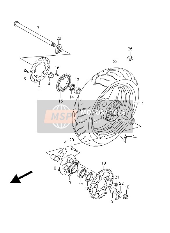 Suzuki GSF650(N)(S)(NA)(SA) BANDIT 2009 Roue arrière (GSF650A-SA-UA-SUA) pour un 2009 Suzuki GSF650(N)(S)(NA)(SA) BANDIT