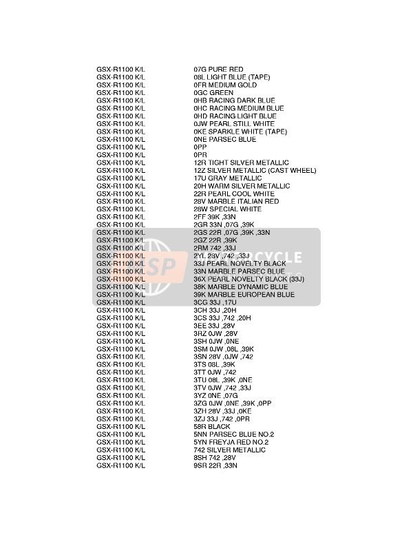 Suzuki GSX-R1100 1990 Colour Chart for a 1990 Suzuki GSX-R1100