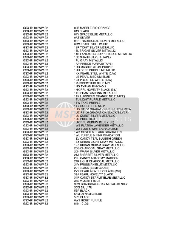Suzuki GSX-R1100W 1998 Colour Chart 1 for a 1998 Suzuki GSX-R1100W