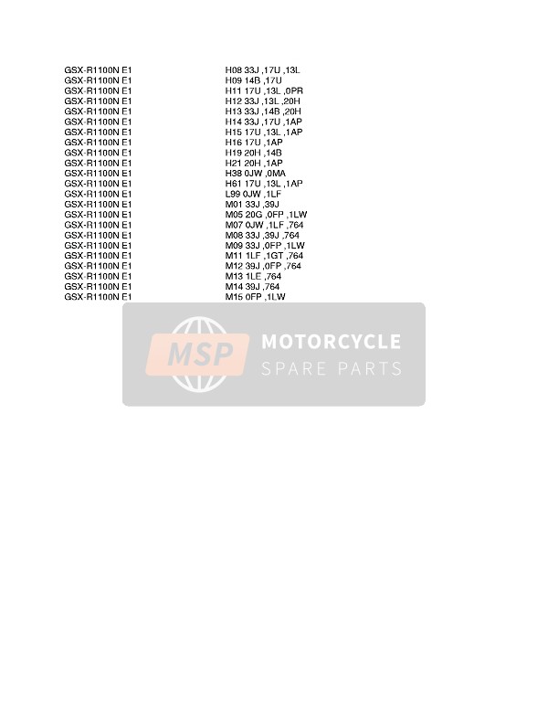 Suzuki GSX-R1100 1992 Colour Chart 2 for a 1992 Suzuki GSX-R1100