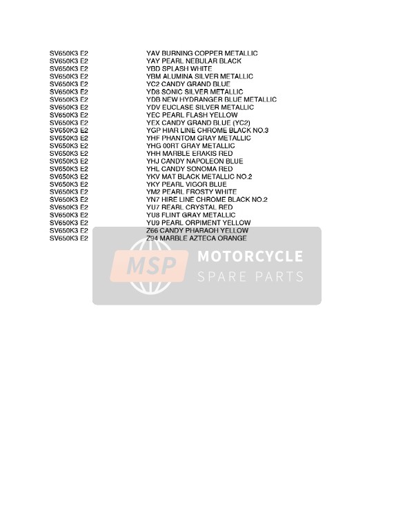 Suzuki SV650(N)(S) 2004 Colour Chart 2 for a 2004 Suzuki SV650(N)(S)