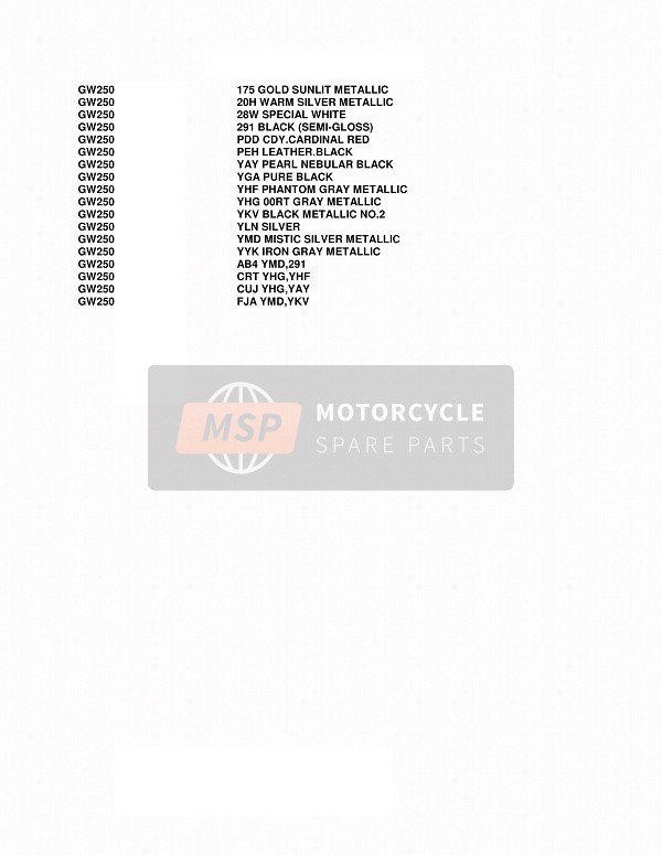 Suzuki GW250 2013 Colour Chart for a 2013 Suzuki GW250