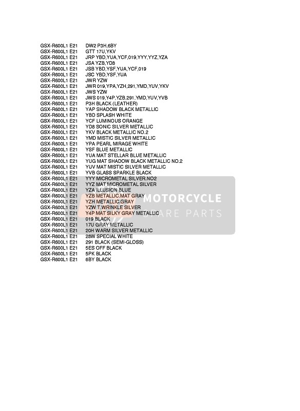Suzuki GSX-R600 2011 Colour Chart for a 2011 Suzuki GSX-R600