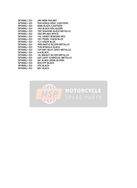 Suzuki SFV650(A) GLADIUS 2011 Colour Chart for a 2011 Suzuki SFV650(A) GLADIUS