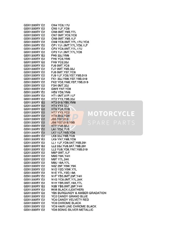 Suzuki GSX1300R HAYABUSA 1999 Colour Chart 2 for a 1999 Suzuki GSX1300R HAYABUSA