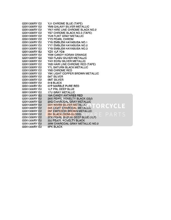 Suzuki GSX1300R HAYABUSA 1999 Colour Chart 1 for a 1999 Suzuki GSX1300R HAYABUSA