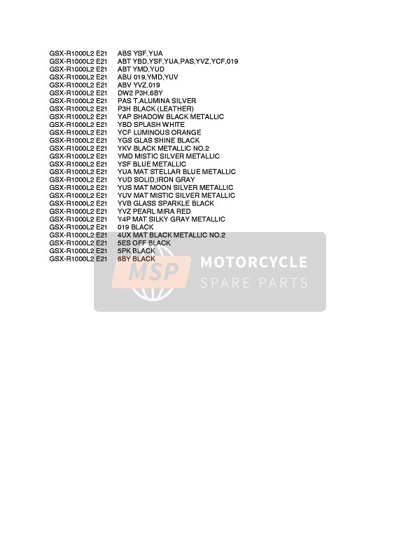 Suzuki GSX-R1000 2012 Colour Chart for a 2012 Suzuki GSX-R1000