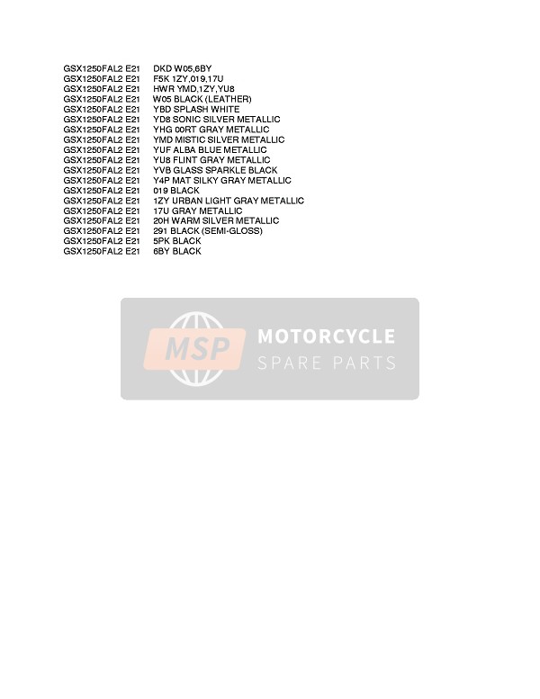 Suzuki GSX1250FA 2012 Colour Chart for a 2012 Suzuki GSX1250FA