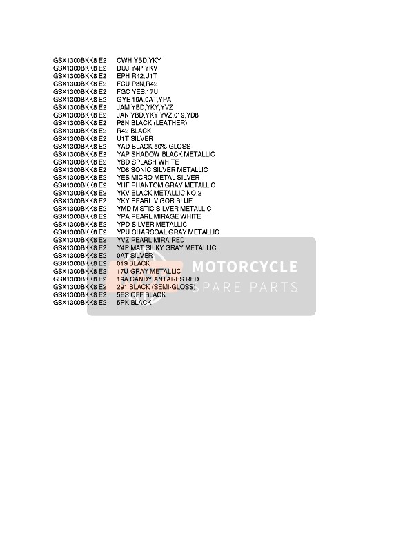 Suzuki GSX1300BK(A) B-KING 2009 Colour Chart for a 2009 Suzuki GSX1300BK(A) B-KING