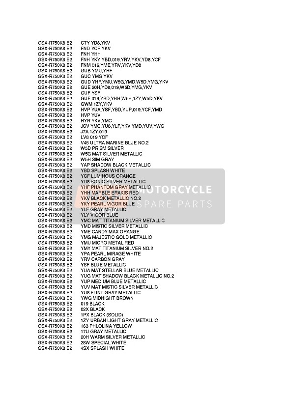 Suzuki GSX-R750 2009 Colour Chart 2 for a 2009 Suzuki GSX-R750