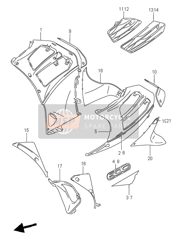 9443021E0028V, Cover, Under Upper Rh  (Red), Suzuki, 0