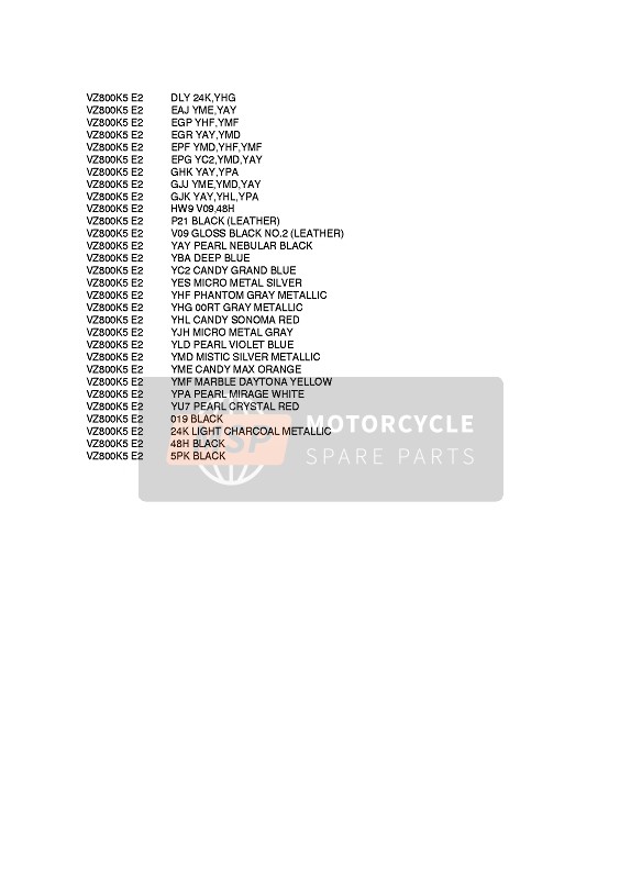 Suzuki VZ800(Z) INTRUDER 2009 FARBTABELLE für ein 2009 Suzuki VZ800(Z) INTRUDER